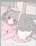  1girl animal_ears bangs border breasts cat_ear_headphones cat_ears cat_tail chunrijun_(springer) closed_mouth drawstring eyebrows_visible_through_hair fake_animal_ears grey_border grey_hair grey_legwear headphones hood hood_down hoodie interlocked_fingers kmnz knee_up leg_up looking_at_viewer lying mc_liz medium_breasts on_back panties pillow pink_eyes pink_hoodie smile solo tail thighhighs underwear virtual_youtuber white_panties 