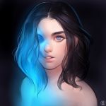  1girl black_hair blue_eyes blue_skin eye_socket forehead glowing highres lichy_(nat_the_lich) lips medium_hair nat_the_lich nose nude original portrait solo source_request thick_eyebrows transformation upper_teeth 