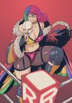  asuka_(wrestler) breasts brown_eyes butcherboy cleavage english_commentary facepaint holding holding_mask large_breasts leg_up looking_to_the_side mask midriff multicolored_hair navel off-shoulder_jacket plump thick_thighs thighs wwe 