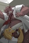  2017 anthro ball_lick balls bathroom belly blush bodily_fluids brown_body brown_fur canid canine canis clothed clothing domestic_dog duo erection fur genitals humanoid_hands inside kemono licking male mammal necktie open_clothing open_shirt open_topwear oral overweight overweight_male penis sex shirt sweat takagi_kyou tongue tongue_out topwear underwear ursid 
