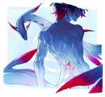  1boy animal animal_ears arsh_(thestarwish) artist_name back_tattoo blue_skin dated eel fish_boy from_behind gills glowing male_focus muscle nude open_mouth original red_hair rounded_corners tattoo 