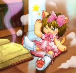  2011 animate_inanimate anthro blush bodily_fluids book brown_eyes brown_hair button_(fastener) camel_toe clothing domestic_cat dress felid feline felis female hair hi_res implied_transformation living_plushie mammal one_eye_closed plushie plushifications ribbons sitting solo tears underwear 