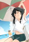  3girls anchovy_(girls_und_panzer) arm_grab arms_up bangs barashiya beach beach_chair beach_umbrella black_hair black_shorts blonde_hair blue_sky blurry blurry_background braid brown_eyes brown_headwear carpaccio_(girls_und_panzer) closed_eyes closed_mouth cloud cloudy_sky depth_of_field dress girls_und_panzer green_hair hair_tie hat head_tilt highres horizon medium_dress multiple_girls navel ocean pepperoni_(girls_und_panzer) shirt short_hair short_sleeves shorts side_braid sitting sky smile solo_focus standing stretch sun_hat swimming t-shirt umbrella white_dress 