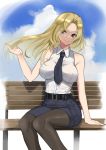  1girl bench black_legwear blonde_hair blue_eyes blue_skirt breasts c-da cloud commentary_request highres hornet_(kantai_collection) kantai_collection large_breasts long_hair necktie off_shoulder pantyhose shirt sitting skirt sky sleeveless sleeveless_shirt smile solo white_shirt 