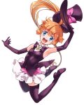  1girl :d bangs blue_eyes boots bow breasts covered_nipples elbow_gloves eyebrows_visible_through_hair gloves hair_between_eyes hair_ribbon haneoka_meimi hat hat_bow holding holding_clothes holding_hat kaitou_saint_tail long_hair looking_at_viewer magical_girl orange_hair pink_bow ponytail purple_footwear purple_gloves purple_headwear purple_ribbon ribbon round_teeth saint_tail simple_background skindentation sleeveless small_breasts smile solo suzuki24 tareme teeth thigh_boots thighhighs very_long_hair white_background zettai_ryouiki 