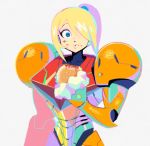  1girl :t arm_cannon armor blonde_hair blue_eyes denaseey eating flat_color food food_on_face hair_over_one_eye hamburger headwear_removed helmet helmet_removed high_ponytail holding holding_food looking_at_viewer metroid mole mole_under_mouth paper_texture ponytail power_armor power_suit samus_aran shoulder_pads sidelocks simple_background solo varia_suit weapon white_background 