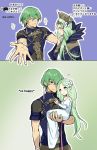 1boy 1girl bare_shoulders blush byleth_(fire_emblem) byleth_(fire_emblem)_(male) carrying carrying_under_arm closed_eyes closed_mouth cosplay dress fire_emblem fire_emblem:_three_houses flower green_background green_eyes green_hair hair_flower hair_ornament hair_ribbon heart highres long_hair outstretched_arms pointy_ears purple_background rhea_(fire_emblem) ribbon short_hair simple_background sothis_(fire_emblem) sothis_(fire_emblem)_(cosplay) tiara very_long_hair white_background white_dress yomusugara_(uzo-muzo) younger 