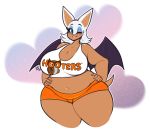  anthro big_breasts blue_eyes blush bottomwear breasts chiropteran cleavage clothed clothing curvy_figure female hi_res hooters hooters_uniform huge_breasts mammal membrane_(anatomy) membranous_wings navel one_eye_closed pants rouge_the_bat shirt simple_background solo sonic_the_hedgehog_(series) tehbuttercookie thick_thighs topwear voluptuous wings wink 