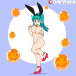  1girl :d animal_ears animated animated_gif areolae bangs blinking blue_eyes bouncing_breasts breasts bulma bunny_ears collarbone dragon_ball dragon_ball_(classic) dragon_ball_(object) eyebrows_visible_through_hair fake_animal_ears full_body green_hair high_heels jumping large_breasts long_hair looking_at_viewer navel nude open_mouth red_footwear sidelocks smile solo stomach twistedgrim wrist_cuffs 