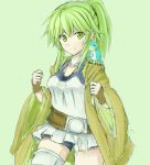  1girl animal_on_shoulder belt bird bird_on_shoulder breasts camisole clenched_hands collar duel_monster fingerless_gloves gloves green_background green_eyes green_hair gusto_gulldo hands_up highres jewelry kenn long_hair medium_breasts necklace open_clothes open_robe ponytail robe shorts simple_background sketch smile undershirt white_camisole wide_sleeves winda_priestess_of_gusto yuu-gi-ou 