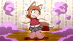  16:9 2019 amber_eyes ambiguous_gender animate_inanimate anthro bottomwear brown_hair canid canine clothing cute_fangs eyelashes eyewear fox glasses hair hi_res implied_transformation living_plushie mammal open_mouth plushie plushifications skirt solo standing widescreen wooden_floor 