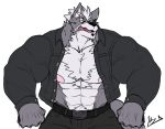  abs anthro belt big_muscles black_clothing black_topwear bottomwear canid canine canis clothed clothing fur grey_body grey_fur jacket male mammal muscular muscular_anthro muscular_male nintendo nipples open_mouth pants pecs pink_nipples red_eyes sharp_teeth simple_background solo star_fox teeth topwear video_games white_background wolf wolf_o&#039;donnell yongdasom 