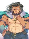  3:4 5_fingers abs anthro armband arsalan cape clothed clothing facial_hair felid fingers green_hair hair hand_on_hip hi_res lion looking_at_viewer male mammal muscular muscular_anthro muscular_male nipples open_mouth pantherine pecs simple_background solo tokyo_afterschool_summoners video_games white_background youzora_samo18 