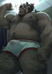  2020 anthro belly brown_body brown_fur bulge clothing curtis_wuedti detailed_background fur hi_res humanoid_hands male mammal musclegut nipples overweight overweight_anthro overweight_male solo suid suina sus_(pig) underwear wild_boar 