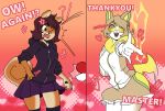  2019 ?! angry anthro before_and_after bottomwear canid canine canis clothing dialogue domestic_dog english_text female hammalliel hoodie maddy_(duckydaduck) mammal nintendo one_eye_closed pok&eacute;ball pok&eacute;mon pok&eacute;mon_(species) simple_background skirt smile solo species_transformation standard_pok&eacute;ball text topwear transformation video_games yamper 