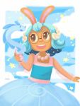  animal_ears blue_dress blue_hair bunny bunny_ears cellphone cucumber_quest dress eel glasses jewelry phone pointy_ears princess_nautilus 