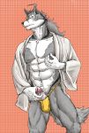  2020 5_fingers abs anthro asian_clothing canid canine canis clothed clothing countershading east_asian_clothing fingers fundoshi fur genitals glans grey_body grey_fur hi_res japanese_clothing keikogi male mammal martial_arts_uniform masturbation morenatsu muscular muscular_thighs nipple_fetish nipple_pinch nipple_play nipples partially_clothed penis pinch pink_glans scar simple_background solo sportswear standing ten_kodori underwear video_games visual_novel white_countershading wolf yellow_eyes 馬賽克 