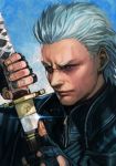  1boy black_gloves black_jacket blue_eyes closed_mouth devil_may_cry devil_may_cry_5 face fingerless_gloves gloves hankuri holding holding_sword holding_weapon jacket katana looking_at_viewer sheath simple_background solo sword unsheathing vergil weapon white_hair zipper 