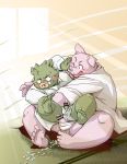  2017 anthro blush bodily_fluids briefs clothing cum cum_on_ground domestic_pig duo erection genital_fluids genitals green_body hug humanoid_genitalia humanoid_hands humanoid_penis kemono male male/male mammal overweight overweight_male penis shirt sitting suid suina sus_(pig) takagi_kyou tighty_whities topwear underwear white_clothing white_underwear wild_boar 