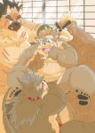  2020 anthro ashigara belly black_nose bodily_fluids brown_body brown_fur canid canine canis crying cute_fangs domestic_dog fur group hi_res hottophoto kemono male male/male mammal moobs moritaka nipples oral overweight overweight_male scar shino_(housamo) tears tokyo_afterschool_summoners ursid video_games yasuyori 