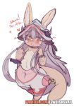  1girl animal_ears belly belly_grab blush bunny_ears embarrassed furry heart heart-shaped_pupils heart_eyes lewdishsnail made_in_abyss nanachi_(made_in_abyss) paws plump sketch symbol-shaped_pupils tail touching white_background white_hair 