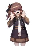  1girl ags-30_(girls_frontline) bangs black_ribbon blue_eyes brown_hair brown_shirt brown_skirt collared_shirt dokomon eyebrows_visible_through_hair fake_facial_hair fake_mustache girls_frontline hair_between_eyes hair_ribbon hands_up head_tilt highres long_hair long_sleeves looking_at_viewer one_side_up open_mouth ribbon shirt simple_background skirt solo upper_teeth white_background 