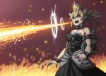  1girl bare_shoulders black_collar black_dress black_nails blonde_hair blue_eyes bowsette bracelet breasts breathing_fire cleavage collar commentary dress fingernails fire highres jewelry jourd4n mario_(series) nail_polish new_super_mario_bros._u_deluxe off-shoulder_dress off_shoulder open_mouth pointy_ears ponytail sharp_fingernails sharp_teeth solo spiked_armlet spiked_bracelet spiked_collar spiked_shell spikes standing super_crown teeth turtle_shell 