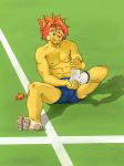  4_toes 5_fingers abs anthro athlete athletic athletic_anthro athletic_male bodily_fluids bottomwear clothed clothing felid fingers footwear hair hi_res hindpaw lion male mammal morenatsu navel nipples one_sock pantherine pawpads paws pecs pink_nose plantigrade red_hair shorts soccer_field socks solo soutarou_(morenatsu) sweat sweatdrop toes topless undressing video_games visual_novel young 馬賽克 