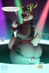  alcohol anthro antlers bartender belly belly_overhang beverage big_belly big_butt blush butt cervid clothed clothing dialogue dialogue_box hi_res holding_object horn jockstrap looking_at_viewer looking_back male mammal money overweight overweight_anthro overweight_male raised_tail skimpy solo thick_thighs tyroo underwear 