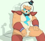  anthro armor blue_eyes brown_body brown_fur clothing crotch_tuft fangs featureless_crotch five_nights_at_freddy&#039;s five_nights_at_freddy&#039;s:_security_breach fur glamrock_freddy_(fnaf) hat headgear headwear helmet looking_at_viewer male mammal riseson shadow shoulder_guards simple_background sitting solo top_hat tuft ursid video_games 