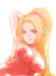  1girl armpits bare_shoulders blonde_hair breasts cleavage closed_mouth commentary_request dress holding large_breasts long_hair looking_at_viewer ponytail red_dress short_dress shynesslady simple_background smile solo star_ocean star_ocean_the_second_story strapless very_long_hair white_background 