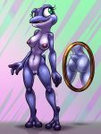  2020 3:4 amphibian anthro bassy_wolfeh big_breasts big_butt breasts butt female frog front_view genitals green_background green_eyes hi_res looking_away looking_up membrane_(anatomy) mirror nipples nude open_mouth pattern_background pink_nipples purple_background purple_body purple_skin pussy rear_view sarina_(ultilix) short_tail simple_background solo standing striped_background unusual_pupils webbed_feet 