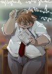  2017 anthro belly blush bodily_fluids book bottomwear bulge clothing eyewear glasses hi_res kemono male mammal necktie overweight overweight_anthro overweight_male pants shirt solo sweat takagi_kyou topwear 