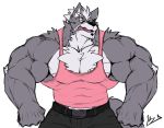  abs anthro belt big_muscles bottomwear canid canine canis clothed clothing fur grey_body grey_fur male mammal muscular muscular_anthro muscular_male nintendo nipples open_mouth pants pecs pink_clothing pink_nipples pink_shirt pink_topwear red_eyes sharp_teeth shirt simple_background solo star_fox tank_top teeth topwear video_games white_background wolf wolf_o&#039;donnell yongdasom 