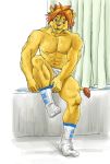  2020 5_fingers abs anthro clothing dressing felid fingers footwear hair hi_res legwear lion male mammal morenatsu muscular muscular_anthro muscular_male nipples pantherine pecs pink_nose red_hair sitting smile socks solo soutarou_(morenatsu) underwear video_games visual_novel white_clothing white_legwear white_socks 馬賽克 