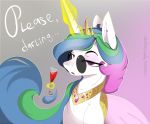 2020 blue_mane clothed clothed_feral clothing crown ear_piercing equid equine eyewear female feral friendship_is_magic fur glasses glowing glowing_horn green_mane half-closed_eyes hasbro hi_res horn levitation mammal mane my_little_pony narrowed_eyes piercing pink_eyes pink_mane princess_celestia_(mlp) signature simple_background solo text therealf1rebird tiara unicorn white_body white_fur wine_glass 