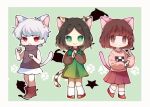  .flow 3girls :&gt; :o :| alternate_hair_length alternate_hairstyle animal_ears bangs blunt_bangs bob_cut brown_eyes brown_footwear brown_hair brown_shirt calico cat_ears cat_girl cat_tail chibi closed_mouth copyright_request crossover dress fang full_body green_background green_dress green_eyes hrdrifter kemonomimi_mode kneehighs long_sleeves looking_at_viewer madotsuki miniskirt multiple_girls paw_pose paw_print pinafore_dress pink_shirt pink_skirt pleated_skirt red_eyes red_footwear sabitsuki shirt shoes short_hair silhouette skirt sleeveless socks standing t-shirt tail turtleneck white_hair white_legwear white_skirt yume_nikki 