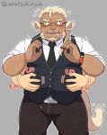  2020 akatsukikyoh animal_humanoid belly blush bottomwear clothing eyewear glasses hi_res huckle hug hugging_from_behind humanoid humanoid_hands live-a-hero male necktie overweight overweight_male pants shirt solo_focus topwear video_games 