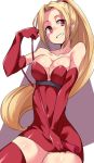  1girl bare_shoulders blonde_hair breasts buta-don cleavage collarbone commentary_request dress elbow_gloves gloves holding large_breasts long_hair looking_at_viewer ponytail red_dress red_gloves short_dress shynesslady simple_background smile solo star_ocean star_ocean_the_second_story strapless very_long_hair 