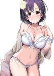  1girl bangs bikini black_hair blush breasts brown_eyes flower frilled_bikini frills hair_flower hair_ornament idolmaster idolmaster_cinderella_girls large_breasts looking_at_viewer shiragiku_hotaru short_hair side-tie_bikini simple_background smile solo sousakubito swimsuit white_background white_bikini 