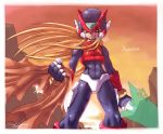  1boy android blonde_hair cowboy_shot energy_sword facing_viewer helmet highres holding holding_weapon injury kamiyama_teten long_hair male_focus rockman rockman_zero serious signature solo sword weapon zero_(rockman) 