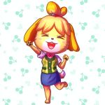  1:1 animal_crossing anthro blush breasts canid canine canis clothed clothing constelia domestic_dog eyes_closed female fur hair hi_res isabelle_(animal_crossing) mammal nintendo open_mouth pawpads shih_tzu smile solo standing teeth text tongue toy_dog video_games yellow_body yellow_fur 