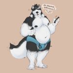  1:1 2020 absurd_res anthro belly black_body black_fur bulge canid canine canis clothing domestic_dog english_text fur hi_res humanoid_hands male mammal minedoo moobs nipples overweight overweight_anthro overweight_male phone simple_background solo text underwear white_body white_fur 