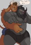  2020 anthro belly black_body black_fur blush bovid bovine brown_body brown_fur bulge cattle clothing duo fur hi_res hug hugging_from_behind male male/male mammal moobs nipples overweight overweight_male simple_background underwear vitashi 