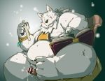  2017 anthro balls belly black_nose blush bodily_fluids canid canine canis censored cum domestic_dog erection genital_fluids genitals kemono male mammal nipples overweight overweight_anthro overweight_male penis sitting solo takagi_kyou 