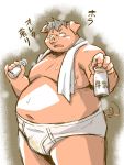  2016 3:4 anthro belly blush bodily_fluids bulge clothing domestic_pig humanoid_hands kemono male mammal milk overweight overweight_anthro overweight_male solo suid suina sus_(pig) sweat takagi_kyou towel underwear 
