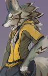  anthro arm_markings arm_tuft athletic athletic_anthro athletic_male biped black_nose bottomwear brown_markings canid canine canis clothed clothing elbow_tufts facial_markings fully_clothed fur green_eyes grey_body grey_fur hair head_markings hi_res inner_ear_fluff jackal jacket kemono looking_aside looking_at_viewer male mammal mane mane_hair markings multicolored_body multicolored_fur nipp pants pecs pupils purple_background seth_(tas) simple_background slit_pupils snout solo standing tokyo_afterschool_summoners topwear tuft video_games yellow_clothing yellow_topwear 