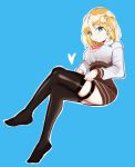  1girl :&gt; absurdres blonde_hair blue_background blue_eyes breasts brown_legwear brown_skirt crossed_legs full_body garter_straps hair_ornament heart high-waist_skirt highres hololive hololive_english invisible_chair juicycloney large_breasts legs long_hair long_sleeves looking_at_viewer necktie no_shoes outline plaid plaid_skirt red_neckwear shirt short_necktie simple_background sitting skirt smirk solo thighhighs thighhighs_pull thighs underbust virtual_youtuber watson_amelia white_outline white_shirt 