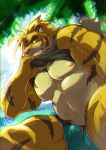  abasirisippo anthro biceps blue_bottomwear blue_clothing bottomwear bulge clothed clothing clothing_lift felid fur genital_outline grin leaf magan male mammal nipples one_eye_closed pantherine pecs penis_outline shirt shirt_lift smile solo swimwear tank_top teeth tiger tokyo_afterschool_summoners topwear vein video_games yellow_body yellow_fur 