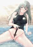  1girl bangs beach black_swimsuit blush breasts clothes_pull commentary_request female_pubic_hair green_eyes green_hair kantai_collection large_breasts long_hair looking_at_viewer one-piece_swimsuit pubic_hair shohei_(piranha5hk) sitting spread_legs sunlight suzuya_(kancolle) swimsuit swimsuit_pull water wet wet_clothes wet_swimsuit 